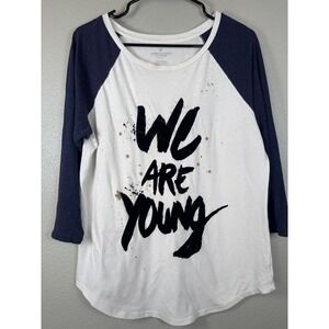 American‎ Eagle We Are Young Baseball Tee XL White Blue Glitter Sleeve Top